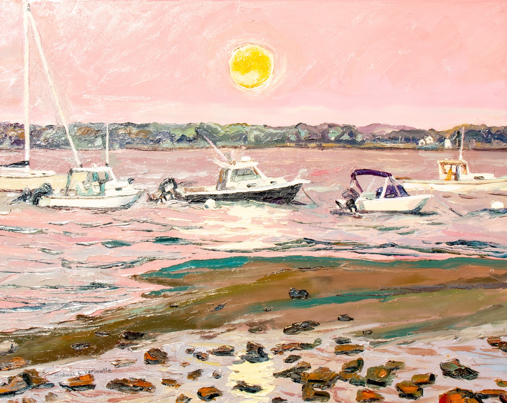 Rising Moon Over Lincolnville Boats by Michael Vermette